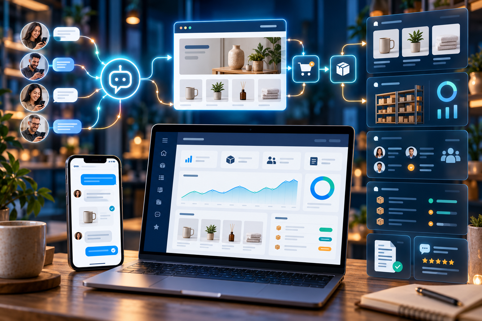 Customers using AI agents to interact with a connected business website, ordering system, inventory, reviews, and management dashboard