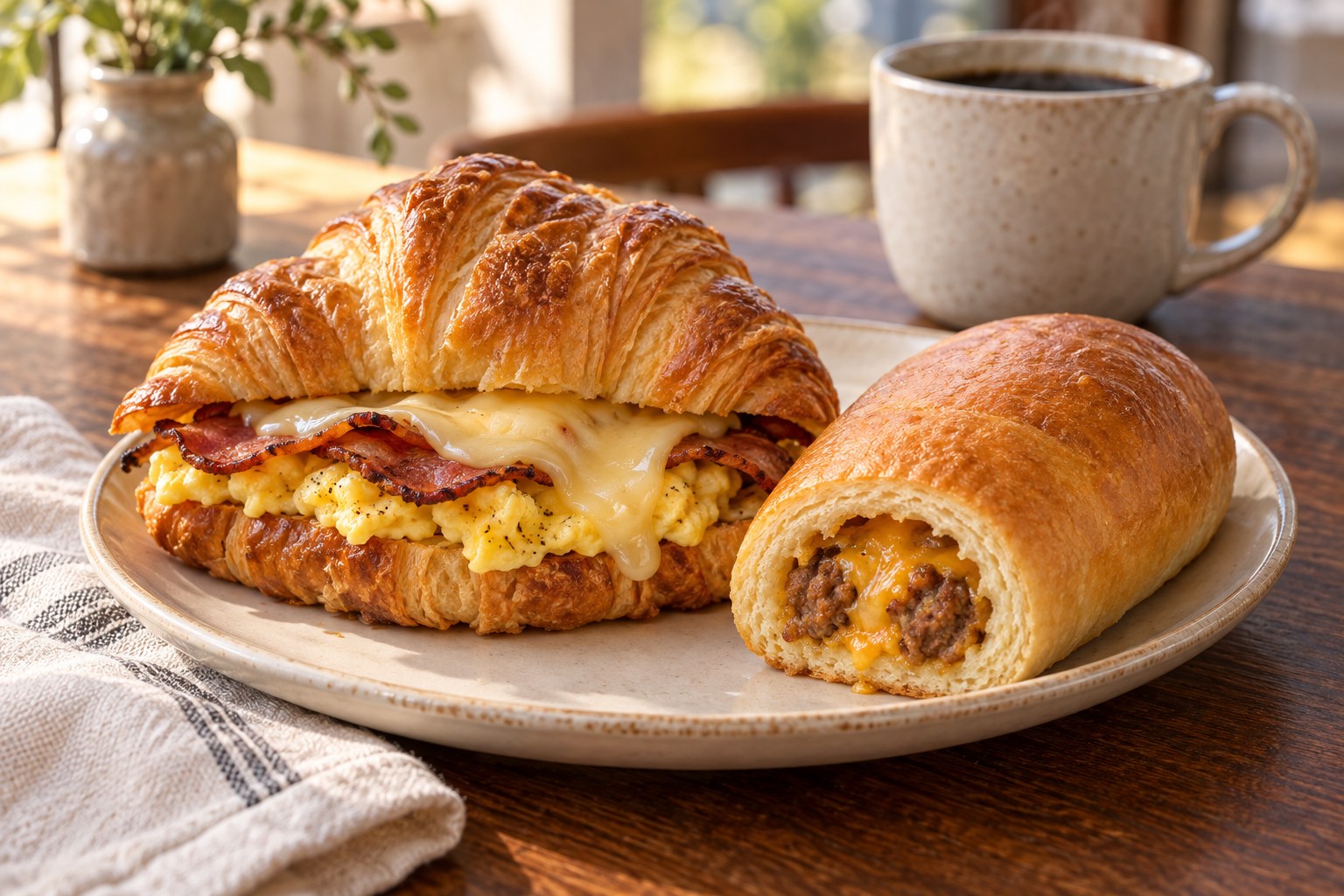 Croissant breakfast sandwich and kolache — illustrative photography