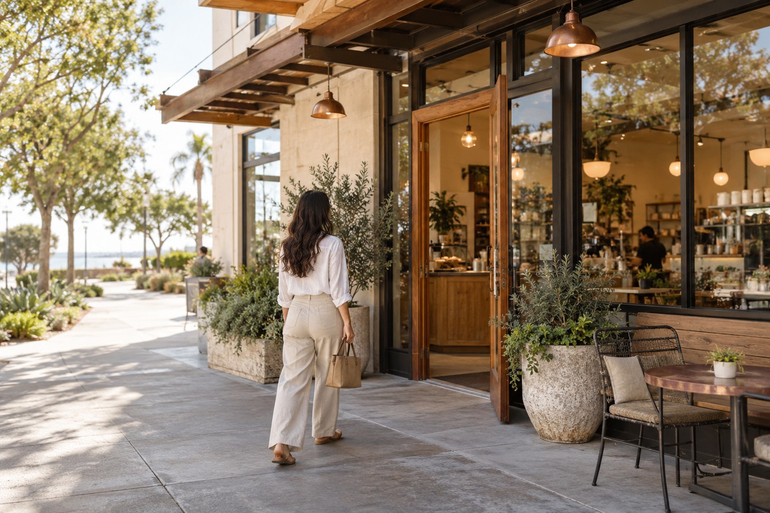 A visitor approaching a welcoming independent cafe entrance