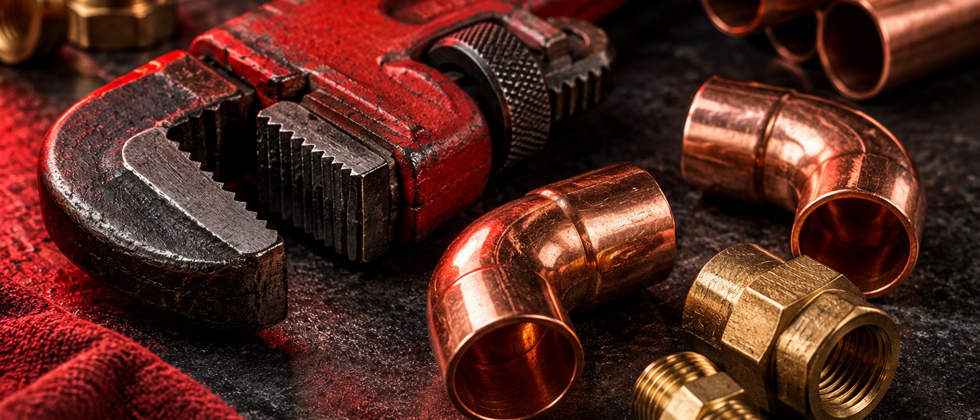 Red plumbing wrench and copper fittings framed in a water droplet